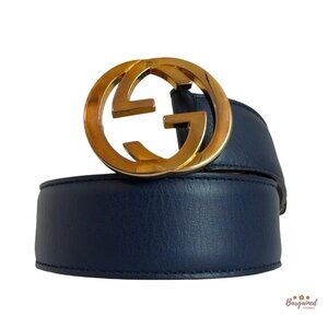 Authentic Gucci Blue Leather Gold Interlocking G Buckle Belt 85/34
